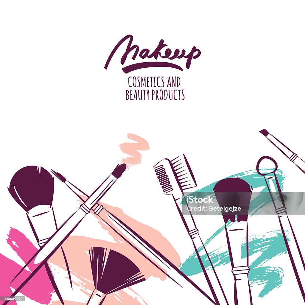 Watercolor hand drawn illustration of makeup brushes on colorful Watercolor hand drawn illustration of makeup brushes on colorful grunge background. Abstract vector banner design. Concept for beauty salon, cosmetics label, cosmetology procedures, visage and makeup. Make-Up Brush stock vector
