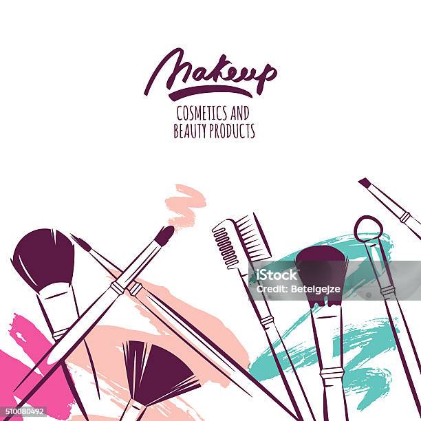 Watercolor Hand Drawn Illustration Of Makeup Brushes On Colorful Stock Illustration - Download Image Now