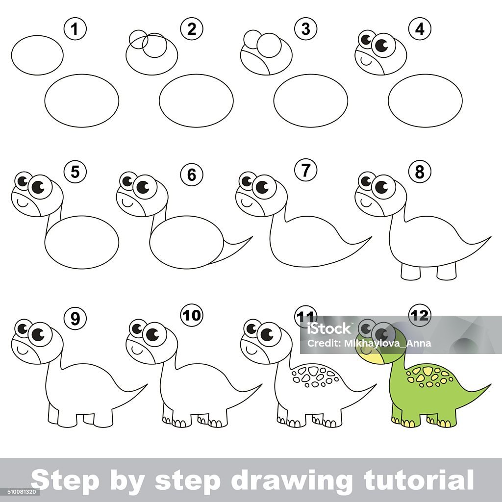 Brontosaurus. Drawing tutorial How to draw the funny brontosaurus. Drawing tutorial for children. Tutorial stock vector