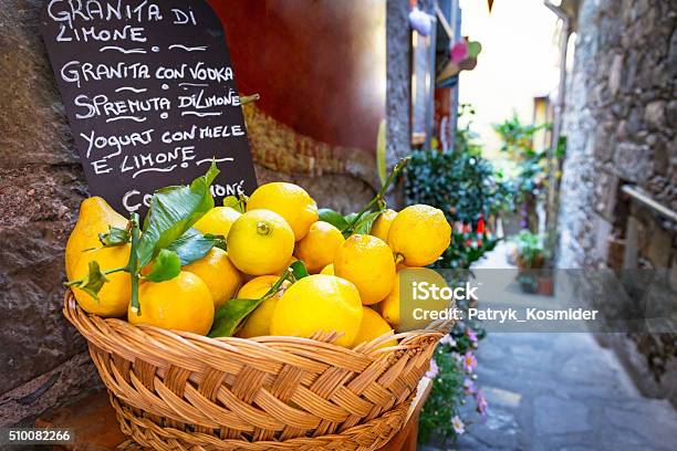 Wicker Basket Full Of Lemons On The Italian Street Stock Photo - Download Image Now - Sicily, Lemon - Fruit, Italy