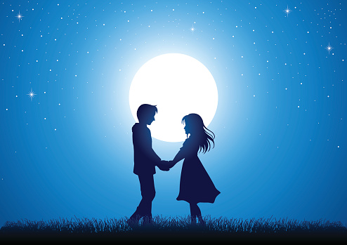Silhouette illustration of young couple holding hands under the moonlight