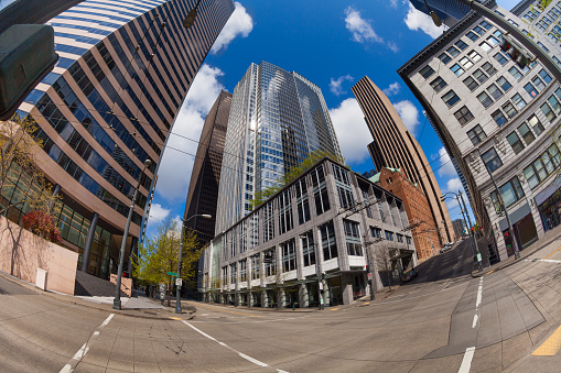 Fisheye view of Seattle central district during summer time in Seattle, Washington USA
