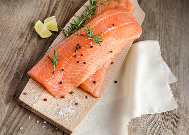 istock Raw salmon steaks on the wooden board 510102421