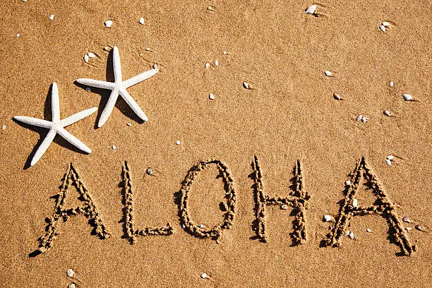 "Aloha" carved in the sand