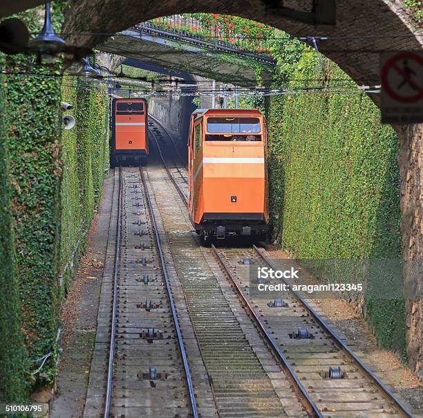 Two Funiculars Moving On The Railroad Stock Photo - Download Image Now - Bergamo, City, City Street