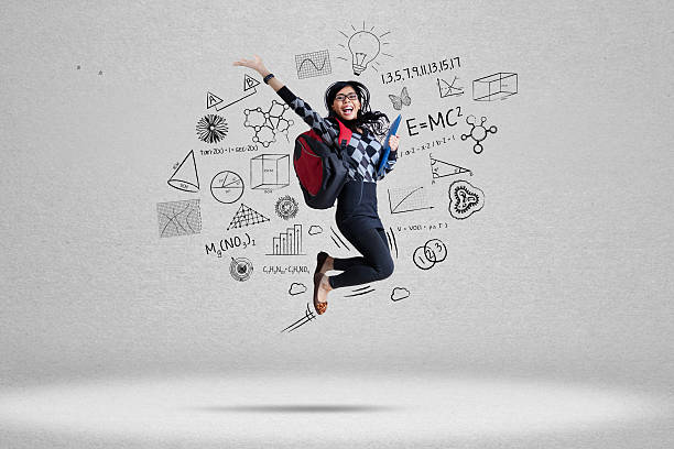 Female student and school doodles 2 Portrait of female student jumping and school doodles education concept stock pictures, royalty-free photos & images