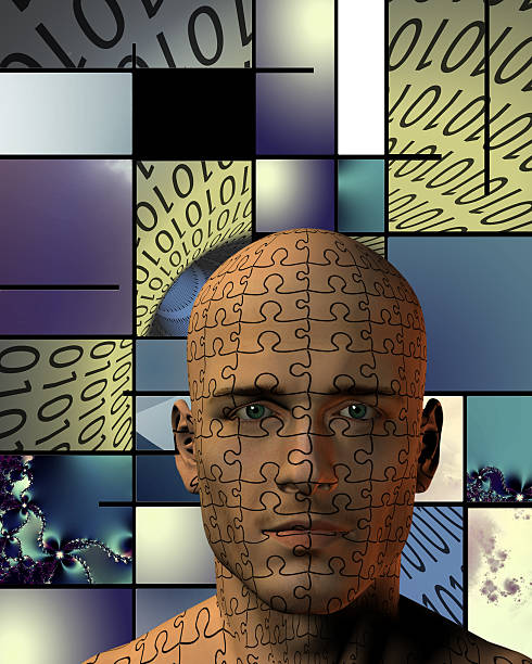 バイナリトンネルにパズルの男性 - binary code puzzle coding technology ストックフォトと画像