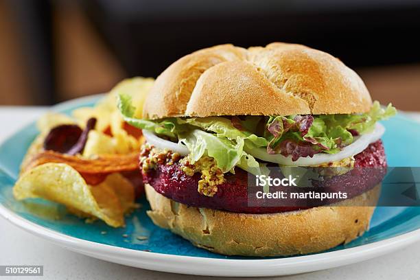 Beetroot Burger On White Bread Stock Photo - Download Image Now - Burger, Carrot, Common Beet