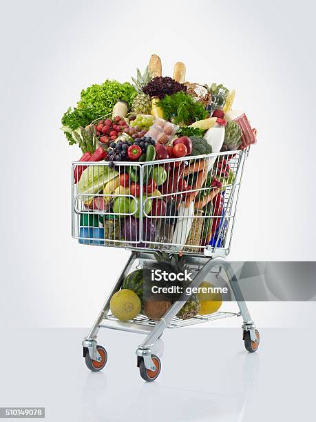Shopping Cart With Food Stock Photo - Download Image Now - Shopping Cart, Full, Cart