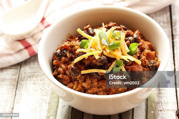 Beef Chili With Kidney Beans And Cheese Topping Stock Photo - Download Image Now - Chili Con Carne, Chili Pepper, Beef