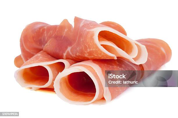 Cured Ham Rolls Prosciutto Isolated On White Stock Photo - Download Image Now - Cut Out, Parma Ham, Prosciutto