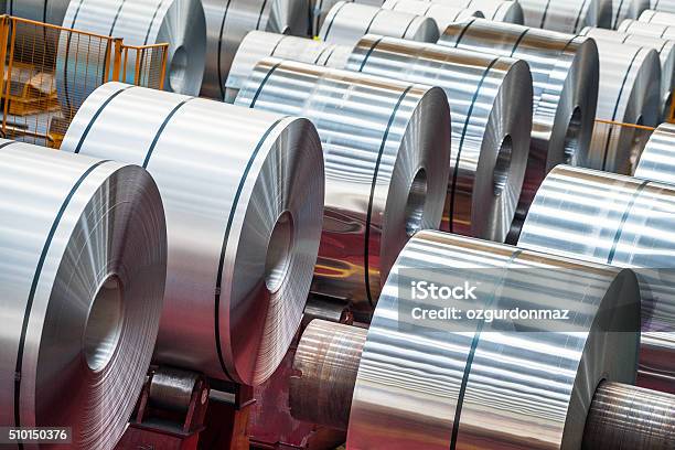 Large Aluminum Steel Rolls In The Factory Stock Photo - Download Image Now - Aluminum, Rolled Up, Aluminum Mill