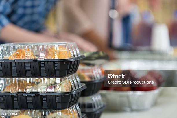 Close Up Of Prepacked Food And Fruit In Soup Kitchen Stock Photo - Download Image Now