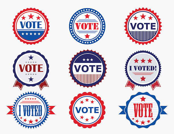 Election Voting Stickers and Badges Election Voting Stickers and Badges in USA red, white and blue; collection includes Vote and I Voted options democratic party usa stock illustrations