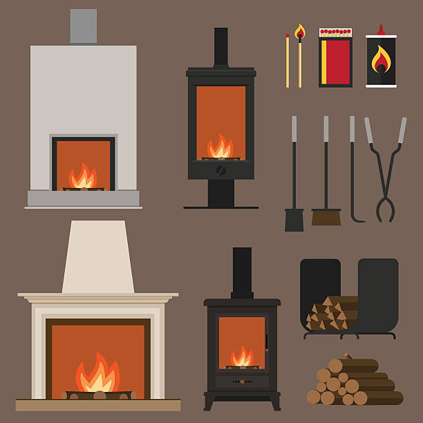 Fireplaces Set of vector fireplaces, with woods, tools and accessories. Flat style. wood burning stove stock illustrations