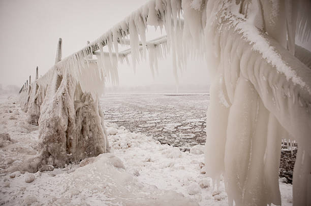 Thick ice covering a pier on Lake MIchigan.