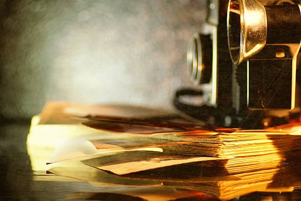 istock Old retro camera photo vintage, bokeh light background, reflection surface 510155016