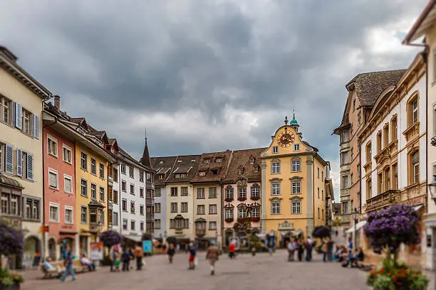 Fronwaldplatz, in the old town of Schaffhausen. The Swiss city, in the canton of the same name, is famous for its old town, which conserves many fine Renaissance buildings decorated with frescoes.
