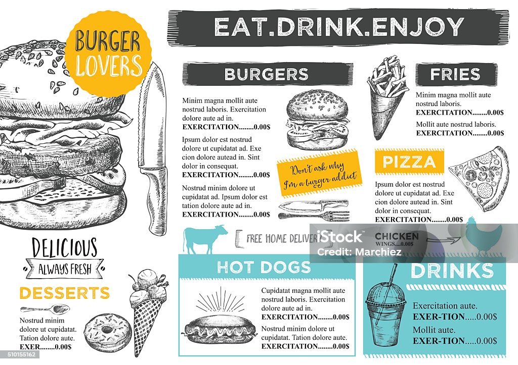 Restaurant cafe menu, template design. Restaurant food menu. Burger stock vector