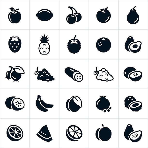 Fruit Icons An icon set of several different types of fruit. The icons include common fruits and include an apple, lemon, cherries, plum, pear, strawberry, pineapple, raspberry, orange, avocado, blue berries, grapes, cucumber, cantaloupe, honey dew, kiwi, bananas, peach, pomegranate, coconut, lime, watermelon, grapefruit, apricot and papaya. fruit icons stock illustrations