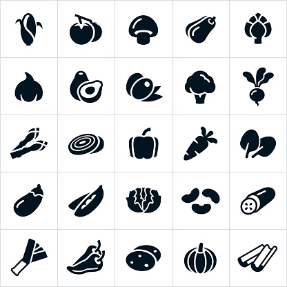 A set several vegetable icons. The icons include common vegetables like corn, tomatoes, mushrooms, squash, artichoke, garlic, avocado, olives, broccoli, radish, beet, asparagus, onion, bell pepper, carrot, spinach, egg plant, peas, lettuce, beans, cucumber, leek, chili pepper, potato and celery.