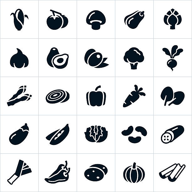 Vegetable Icons A set several vegetable icons. The icons include common vegetables like corn, tomatoes, mushrooms, squash, artichoke, garlic, avocado, olives, broccoli, radish, beet, asparagus, onion, bell pepper, carrot, spinach, egg plant, peas, lettuce, beans, cucumber, leek, chili pepper, potato and celery. avocado stock illustrations