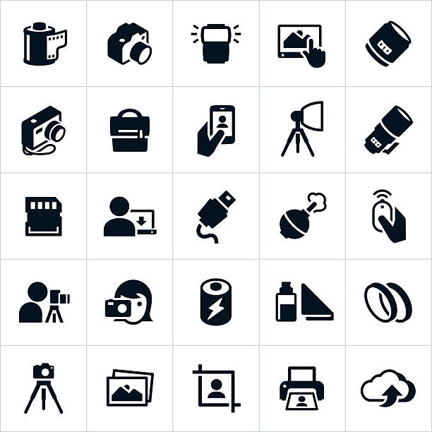 Photography and Camera Icons An icon set of cameras and gear related to the photography business. The icons include a point and shoot camera along with DSL cameras, lenses and equipment. digital single lens reflex camera stock illustrations