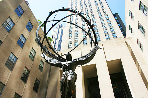New York City, USA - August 24, 2015: Atlas statue at Rockefeller Center in New York City