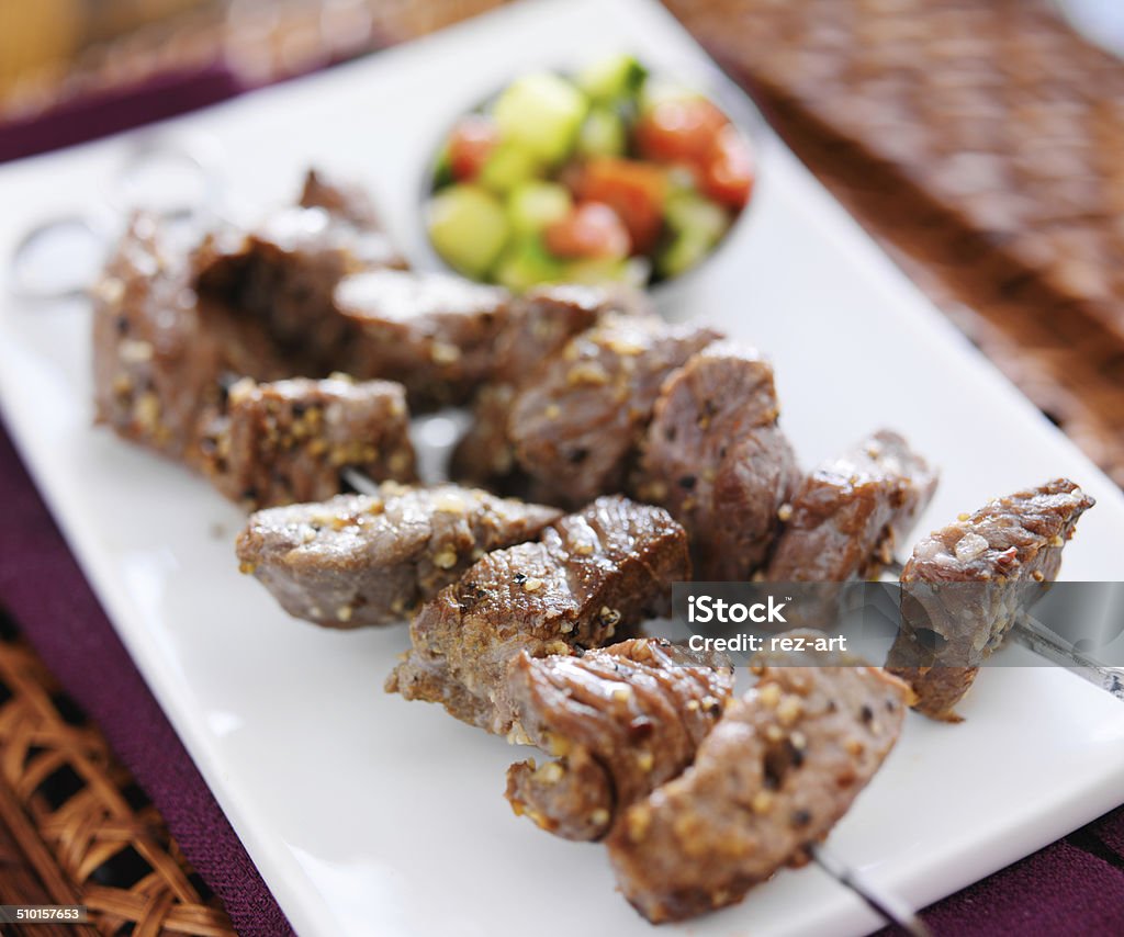 grilled garlic herb beef shishkabob skewers grilled garlic herb beef shishkabob skewers shot close up Barbecue - Meal Stock Photo