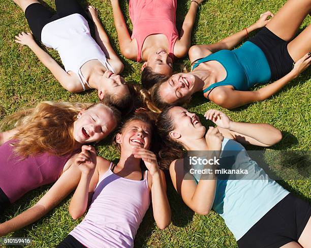 Circle Of Teenage Girls Stock Photo - Download Image Now - Teenage Girls, Summer Camp, Outdoors