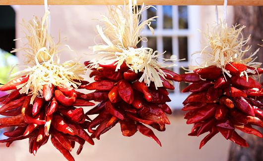 Three red ristras of red chile pepper pods, tied with straw ribbons.  A traditional American Southwest decorative accent, particularly for Christmas. 