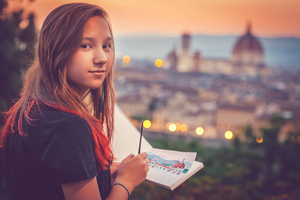 joven artista en florencia - painting artist landscape painted image fotografías e imágenes de stock