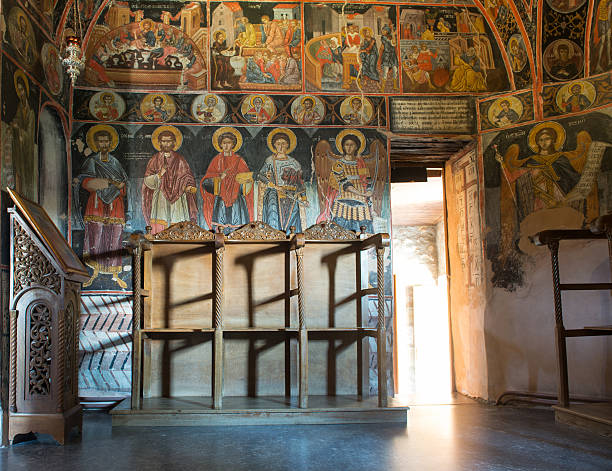 Interiors of the Monastery of the Holy Trinity in Meteora stock photo