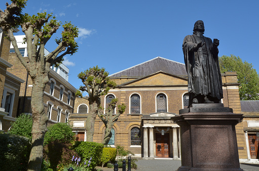 London, United Kingdom - May 13, 2015: Wesley's Chapel and Leysian Mission London UK. Wesley's Chapel is a Methodist church in London which was built by John Wesley, the founder of the Methodist movement.