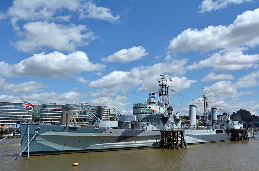 London, United Kingdom - May 13, 2015: HMS Belfast (C35) London England UK.It's a museum ship, originally a Royal Navy light cruiser, permanently moored in London on the River Thames operated by the Imperial War Museum