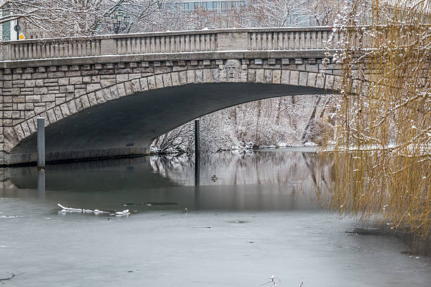 istock winter view of a frozen river under a bridge 510167980