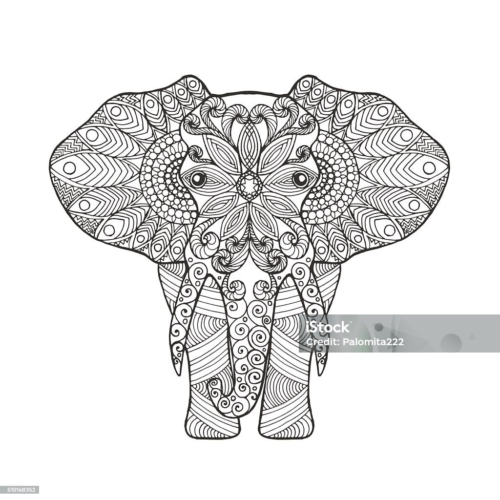 Elephant Adult antistress coloring page. Black white hand drawn doodle animal. Ethnic patterned vector. African, indian, totem tribal design. Sketch for tattoo, poster, print, t-shirt Elephant stock vector