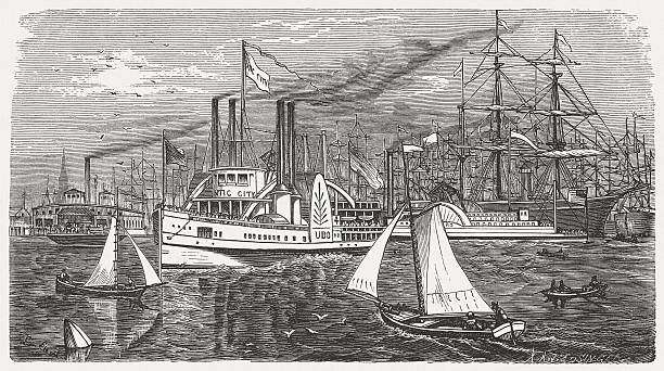 ilustraciones, imágenes clip art, dibujos animados e iconos de stock de el barco sobre el río hudson, madera, publicado 1880 grabado - etching sailing ship passenger ship sea