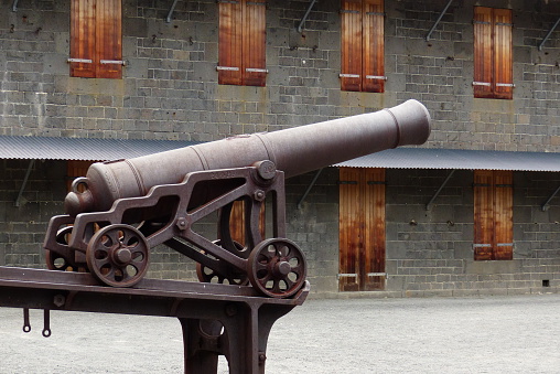 Cannon antique resting on rock at Bodrum Castle in Bodrum, Turkey