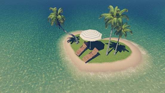 Top-down view on a tiny heart shaped tropical island with deck chairs, parasol and few palm trees among calm ocean at daytime. Illustration was done from my own 3D rendering file.