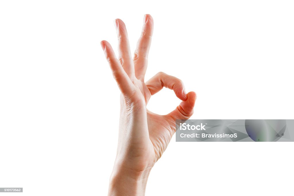 Gesture all right everything is OK. Isolated white Girl hand gesture is all right everything is OK. Isolated on white background. Success gesture OK Sign Stock Photo