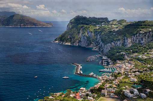 Island of Capri Italy showing view form the top of the mountain looking at the port