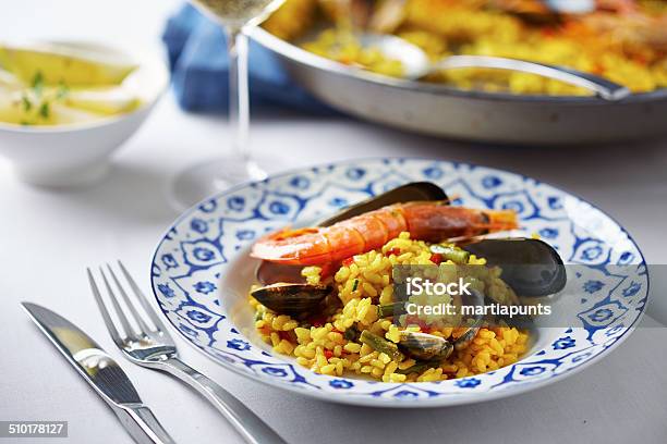 Typical Spanish Seafood Paella Stock Photo - Download Image Now - Cooked, Crockery, Cultures