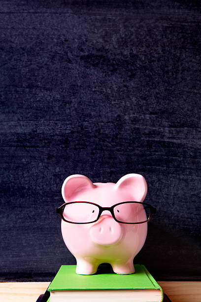 istock Piggy bank with glasses and blackboard 510179496