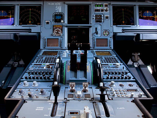 dashboard, cabina di pilotaggio aereo - cockpit airplane autopilot dashboard foto e immagini stock