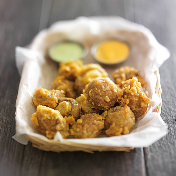 beer battered mushrooms with chipotle and jalapeno mayo dipping sauces