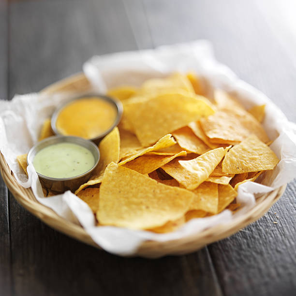 istock mexican corn tortilla chips with dipping sauces 510180451
