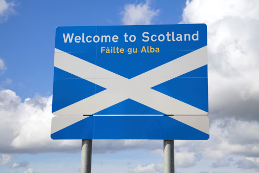 Welcome to Scotland sign at Carter Bar, on the border between England and Scotland