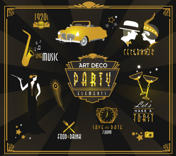 Art Deco style party icon and label set Art Deco style party icon and label set cityscape borders stock illustrations