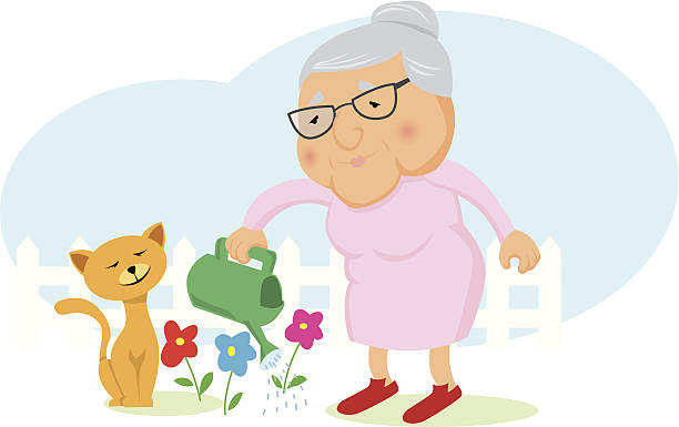 illustrazioni stock, clip art, cartoni animati e icone di tendenza di vecchia donna giardino - women large build gardening outdoors
